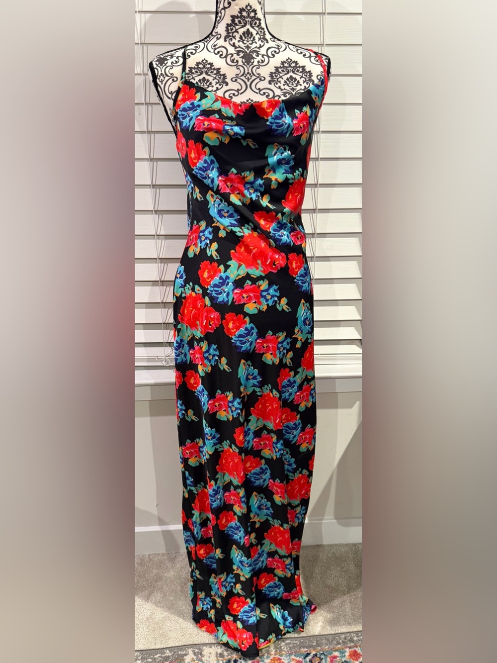 Boohoo Black Maxi Dress with Red & Blue Floral Print